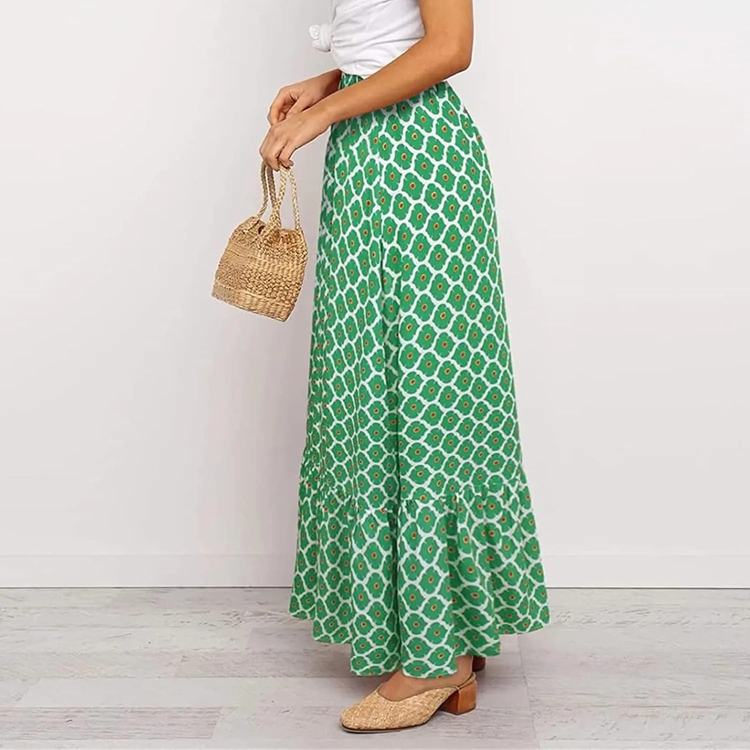 Womens Boho Maxi Skirts Summer Trendy Elastic High Waisted A Line Skort Casual Flowy Floral Ruffle Hem Beach Skirts