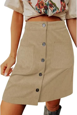 Womens Corduroy Skirts Casual High Waisted Button Down Midi Skirt Loose Solid Color A Line Short Skirt with Pockets