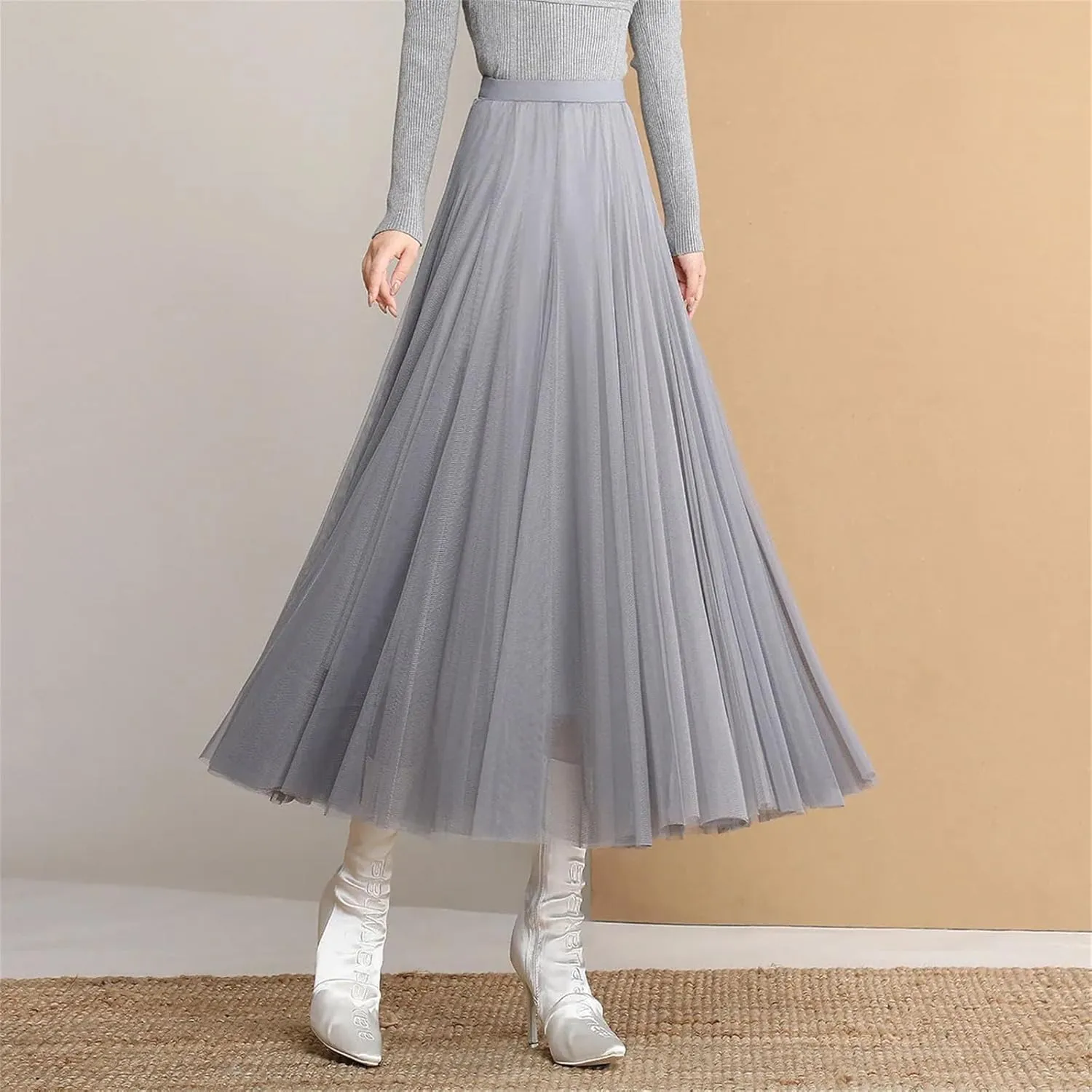 Women's Elegant Mesh Umbrella Skirt, Casual Versatile High Waist Spring & Autumn