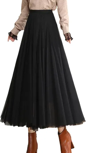 Women's Elegant Mesh Umbrella Skirt, Casual Versatile High Waist Spring & Autumn