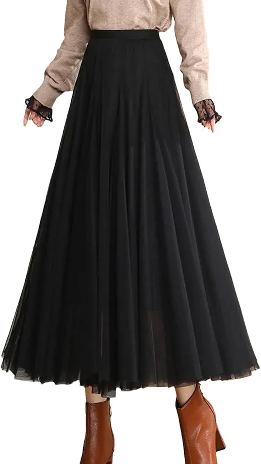 Women's Elegant Mesh Umbrella Skirt, Casual Versatile High Waist Spring & Autumn