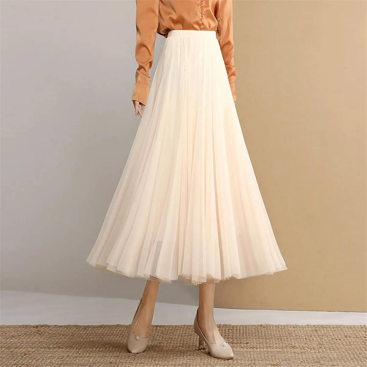 Women's Elegant Mesh Umbrella Skirt, Casual Versatile High Waist Spring & Autumn