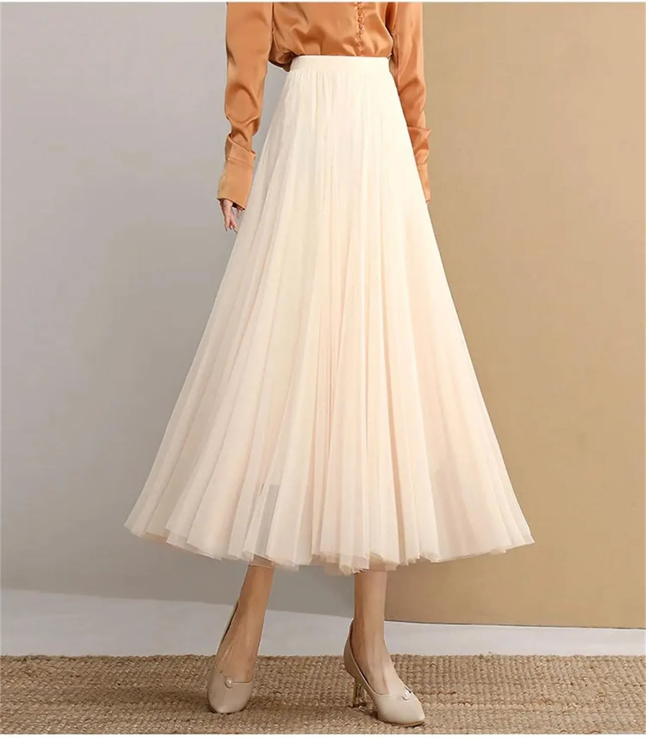 Women's Elegant Mesh Umbrella Skirt, Casual Versatile High Waist Spring & Autumn