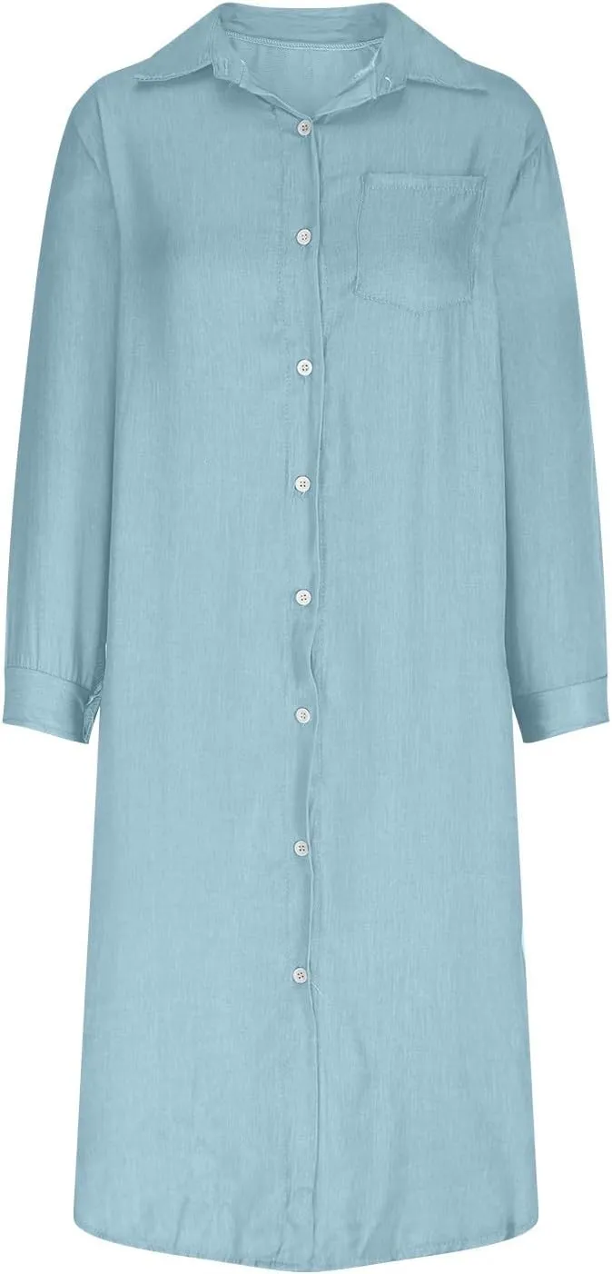 Women's Fall Winter Trendy Casual Loose Denim Maxi Dress Long Sleeve Lapel Button Down Jean Long Dresses with Pocket