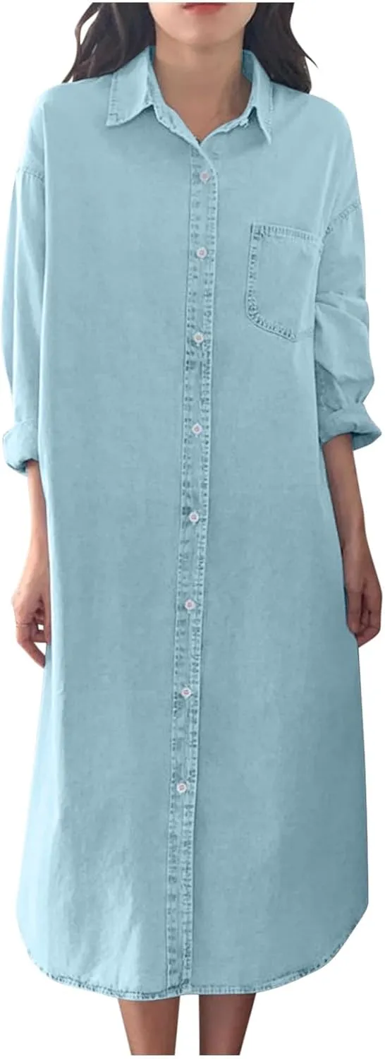 Women's Fall Winter Trendy Casual Loose Denim Maxi Dress Long Sleeve Lapel Button Down Jean Long Dresses with Pocket