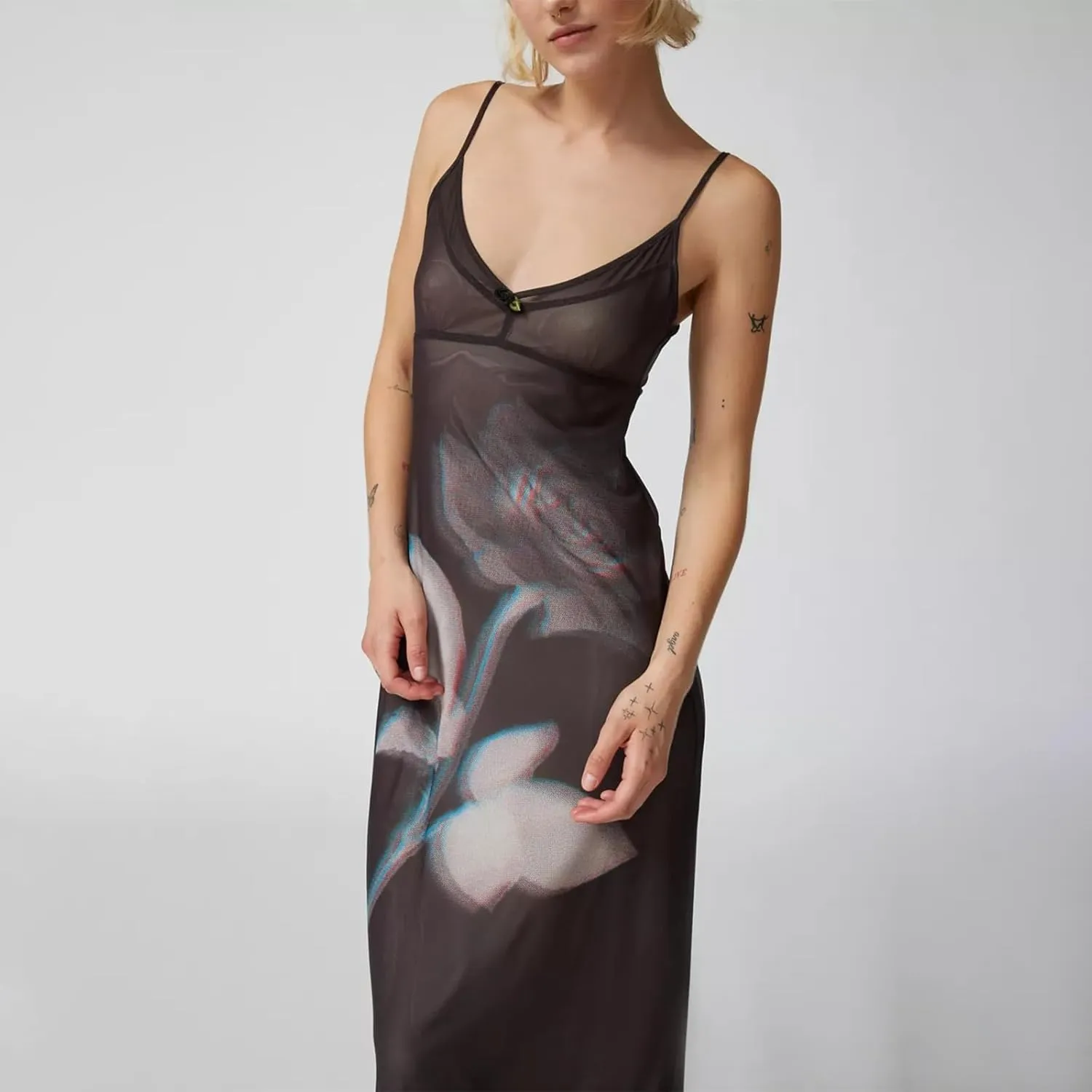 Womens Floral Spaghetti Strap Maxi Dress Flowers Sleeveless Bodycon Slip Dress Backless Slim Fit Long Dress