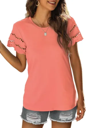 Womens Lace Short Sleeve T Shirts Summer Tops Loose Casual Tee Shirt