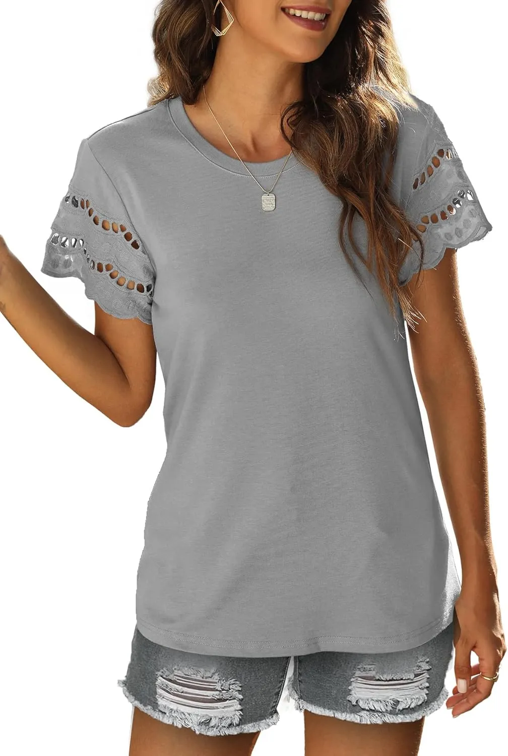 Womens Lace Short Sleeve T Shirts Summer Tops Loose Casual Tee Shirt