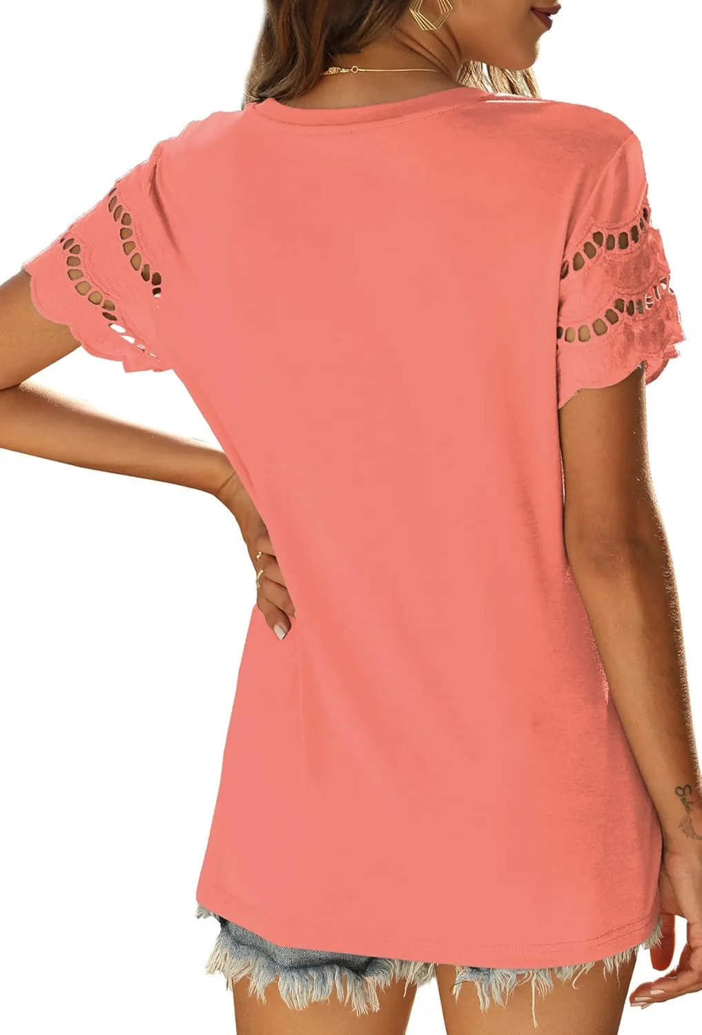 Womens Lace Short Sleeve T Shirts Summer Tops Loose Casual Tee Shirt
