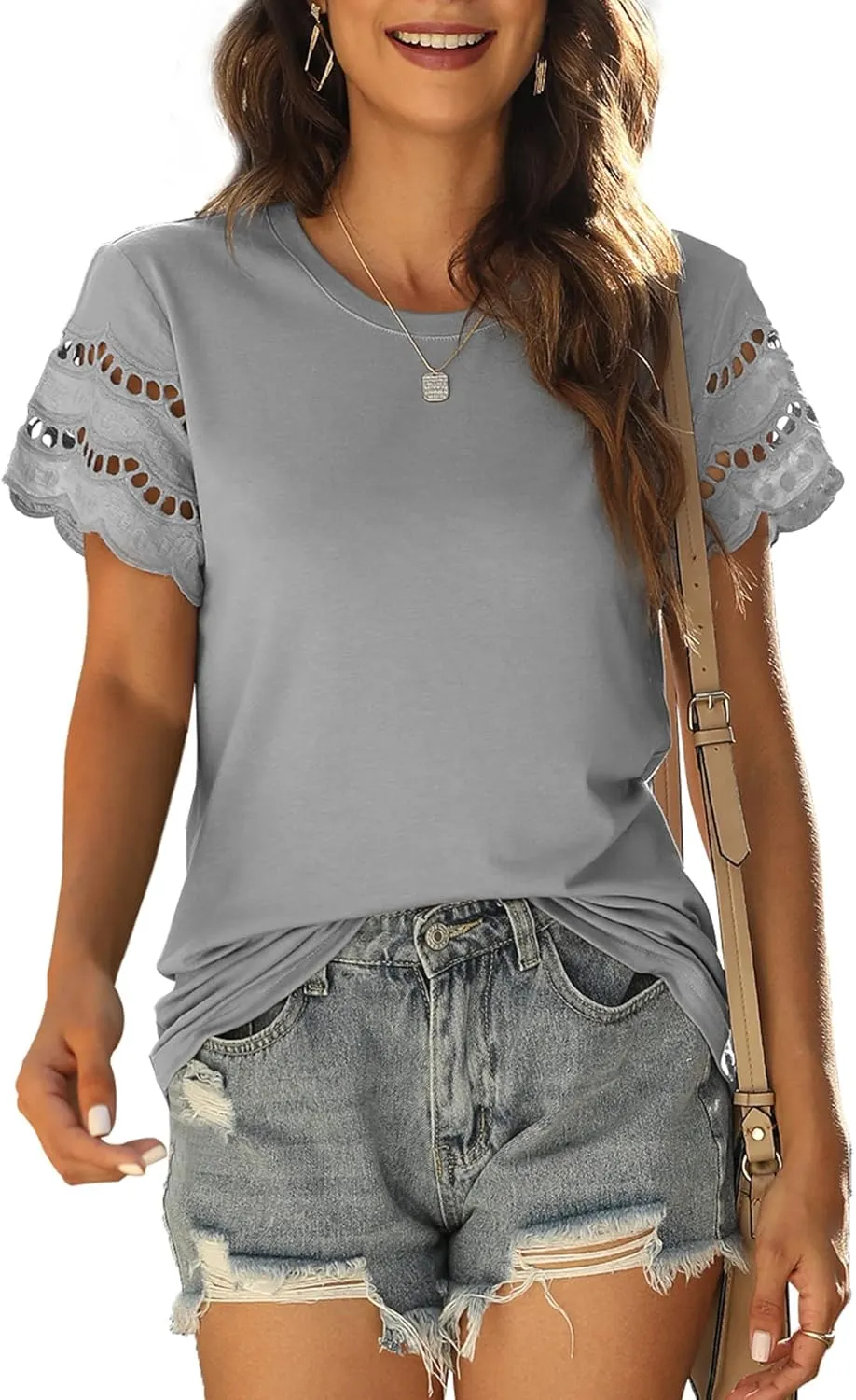 Womens Lace Short Sleeve T Shirts Summer Tops Loose Casual Tee Shirt