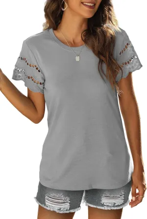 Womens Lace Short Sleeve T Shirts Summer Tops Loose Casual Tee Shirt