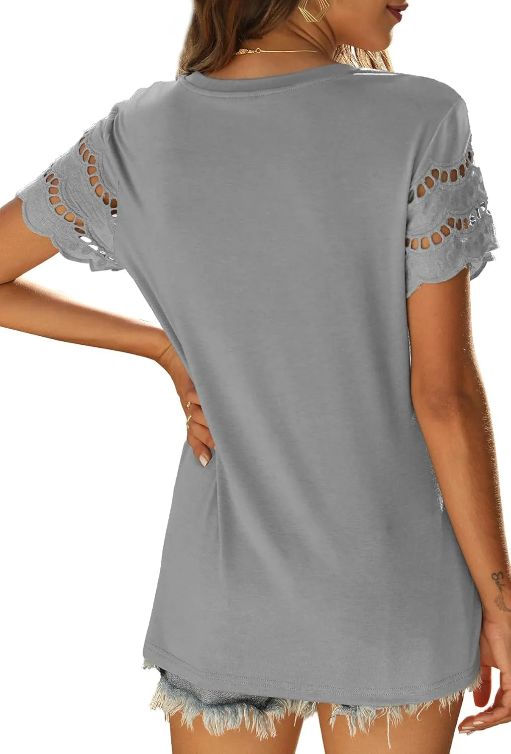 Womens Lace Short Sleeve T Shirts Summer Tops Loose Casual Tee Shirt