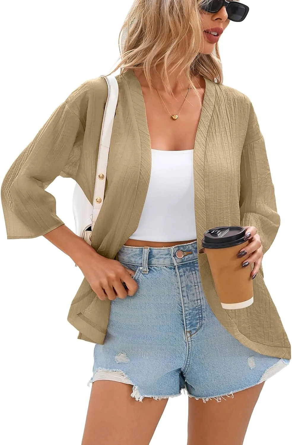 Women's Lightweight Cardigans Open Front 3/4 Sleeve Cardigan Casual Summer Cover Up