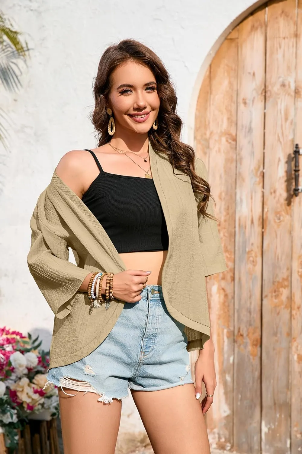Women's Lightweight Cardigans Open Front 3/4 Sleeve Cardigan Casual Summer Cover Up