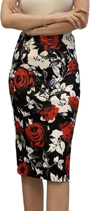 Womens Print Midi Pencil Skirt High Waisted Stretch Office Straight Spit Skirt