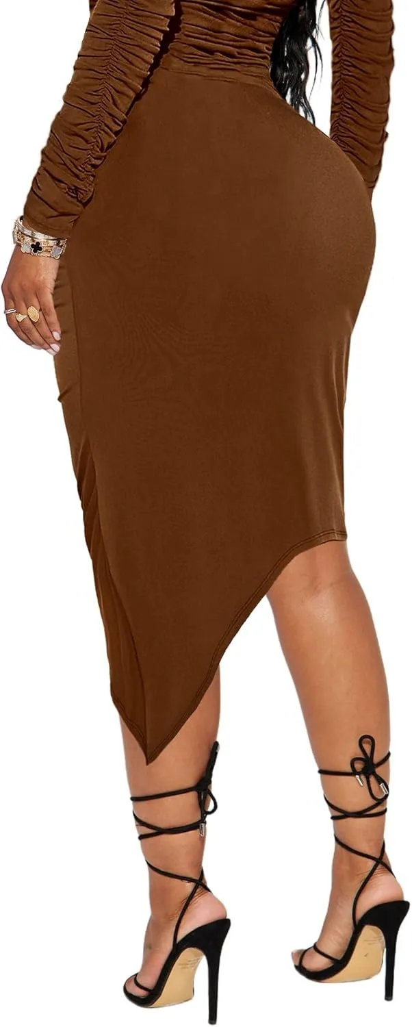 Womens Sexy Ruched Bodycon Midi Skirts High Waist Party Club Long Pencil Skirt