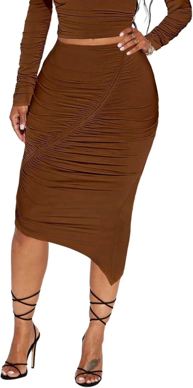 Womens Sexy Ruched Bodycon Midi Skirts High Waist Party Club Long Pencil Skirt