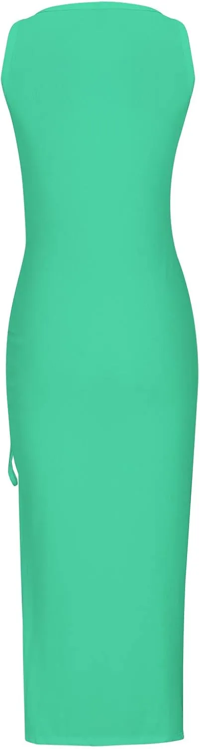 Womens Sexy Side Slit Draw/String Ruched Bodycon Casual Sun Maxi Dresses Sleeveless Ribbed Knit Tank Dress