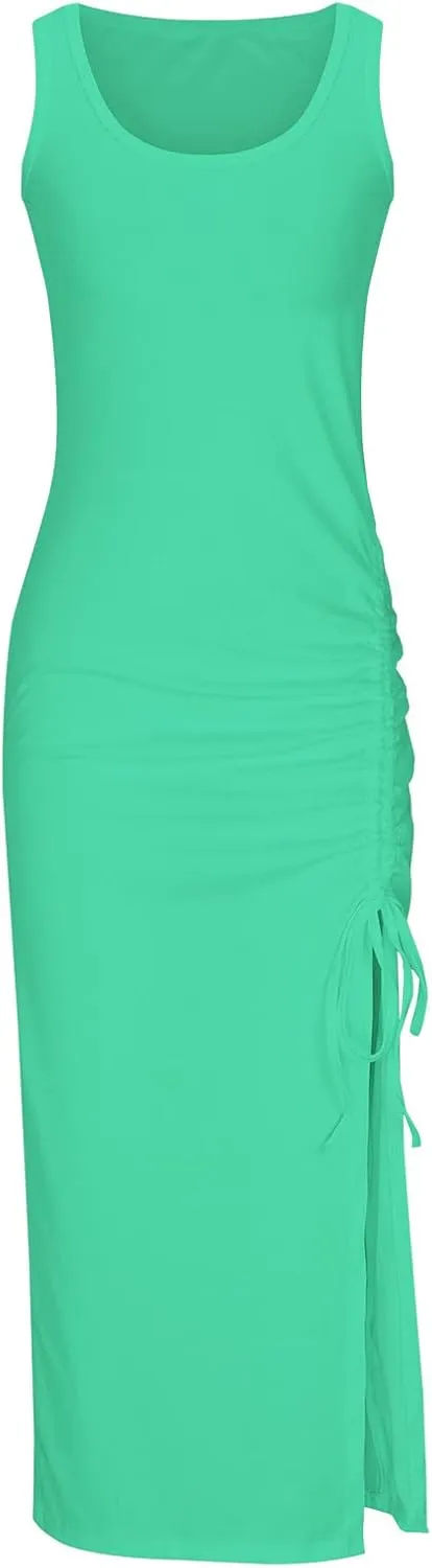 Womens Sexy Side Slit Draw/String Ruched Bodycon Casual Sun Maxi Dresses Sleeveless Ribbed Knit Tank Dress