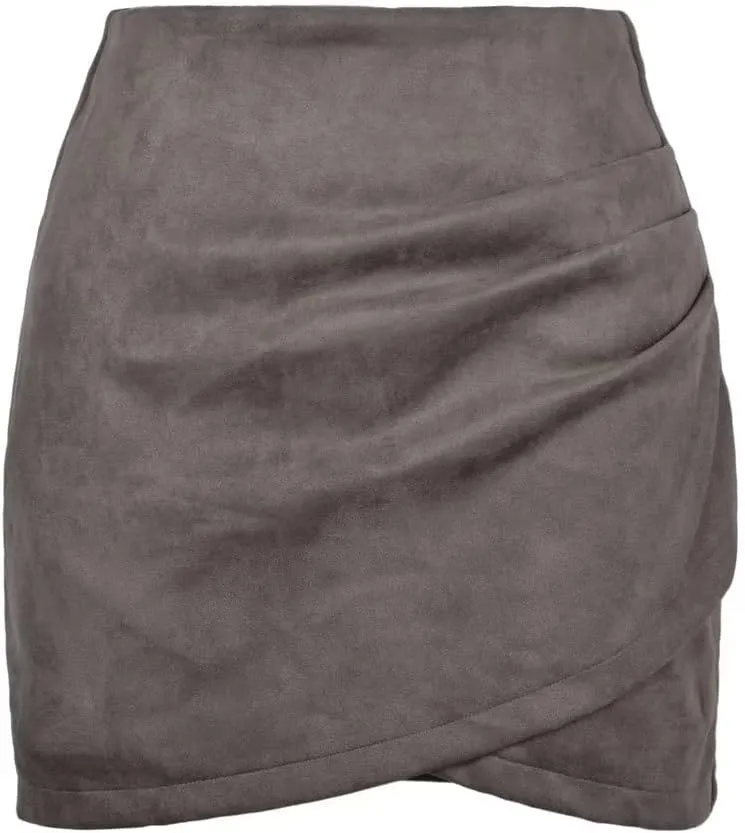 Womens Skirt Ruched Wrap High Waist Faux Suede Skirt Zipper Back Above Knee A Line Bodycon Mini Skirt Basic Skirt