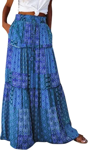 Women's Skirts Womens Summer Paisley Print Maxi Skirts Casual Elastic High Waist Pleated Flowy Ruffle Long Skirt
