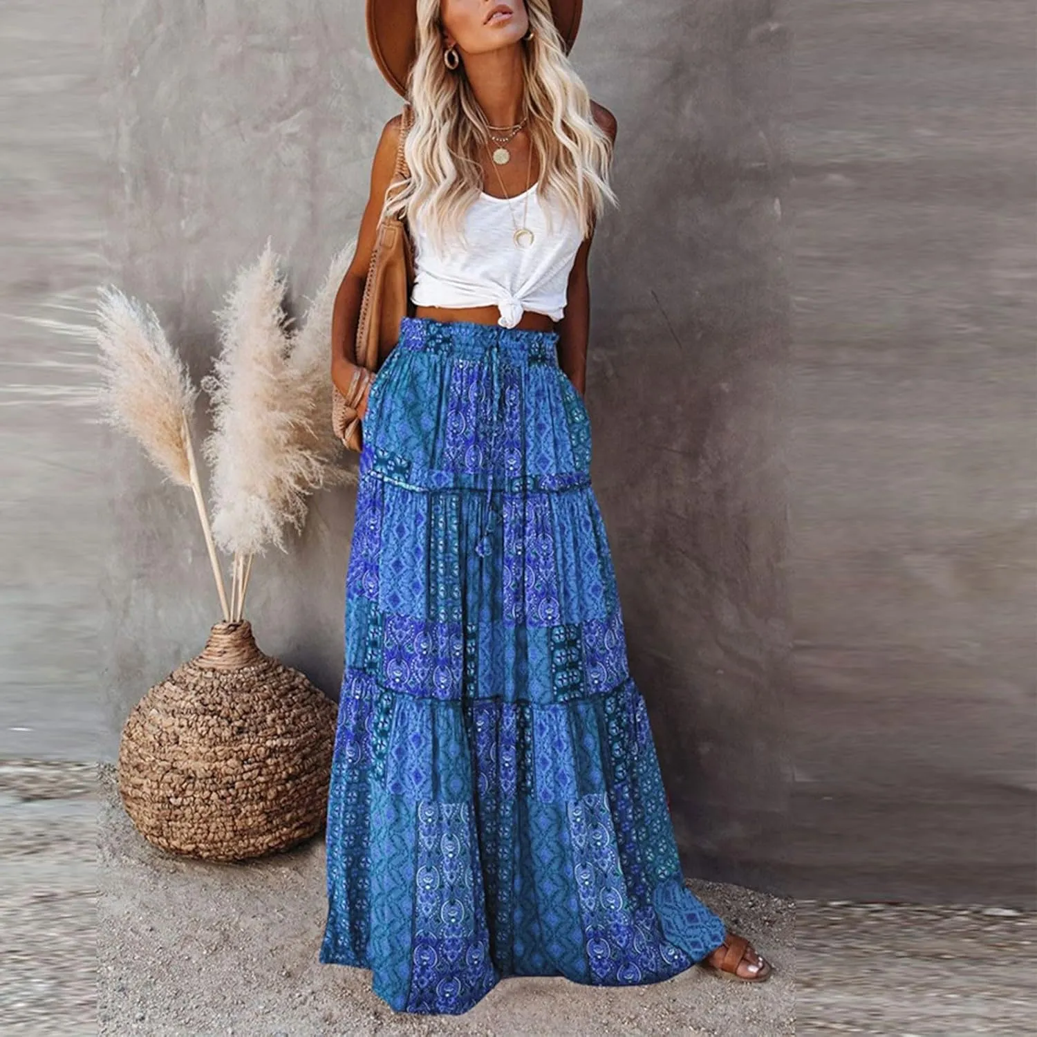 Women's Skirts Womens Summer Paisley Print Maxi Skirts Casual Elastic High Waist Pleated Flowy Ruffle Long Skirt