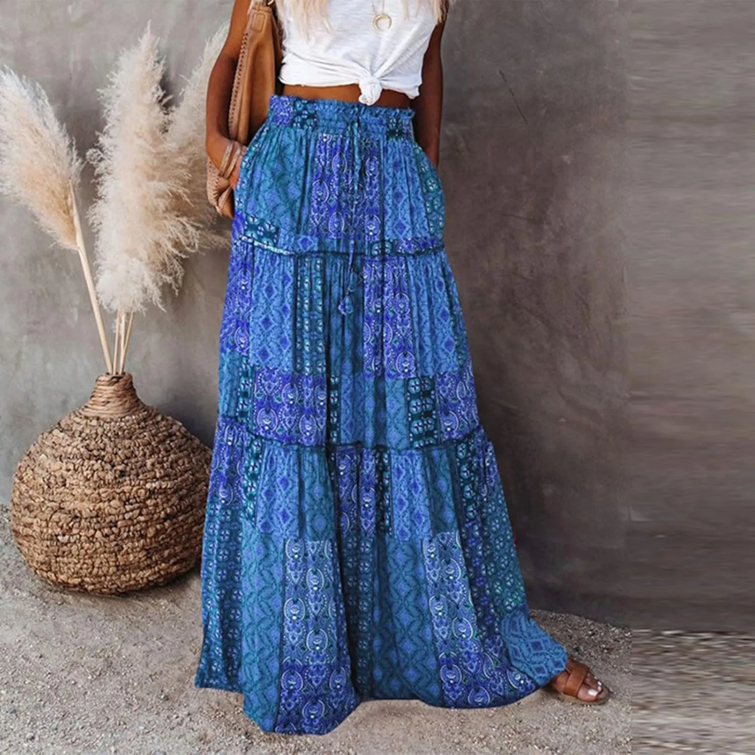 Women's Skirts Womens Summer Paisley Print Maxi Skirts Casual Elastic High Waist Pleated Flowy Ruffle Long Skirt