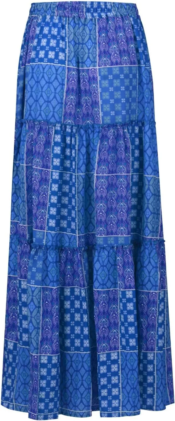 Women's Skirts Womens Summer Paisley Print Maxi Skirts Casual Elastic High Waist Pleated Flowy Ruffle Long Skirt