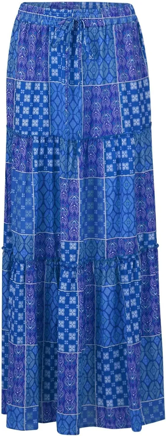 Women's Skirts Womens Summer Paisley Print Maxi Skirts Casual Elastic High Waist Pleated Flowy Ruffle Long Skirt